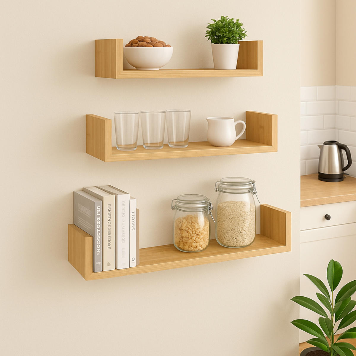 WANDREGAL in Bambusfarbe 3er-Set U-Form 30/45/60x15x10 cm - Naturfarben, Holzwerkstoff (60/15/15cm) - Begryf