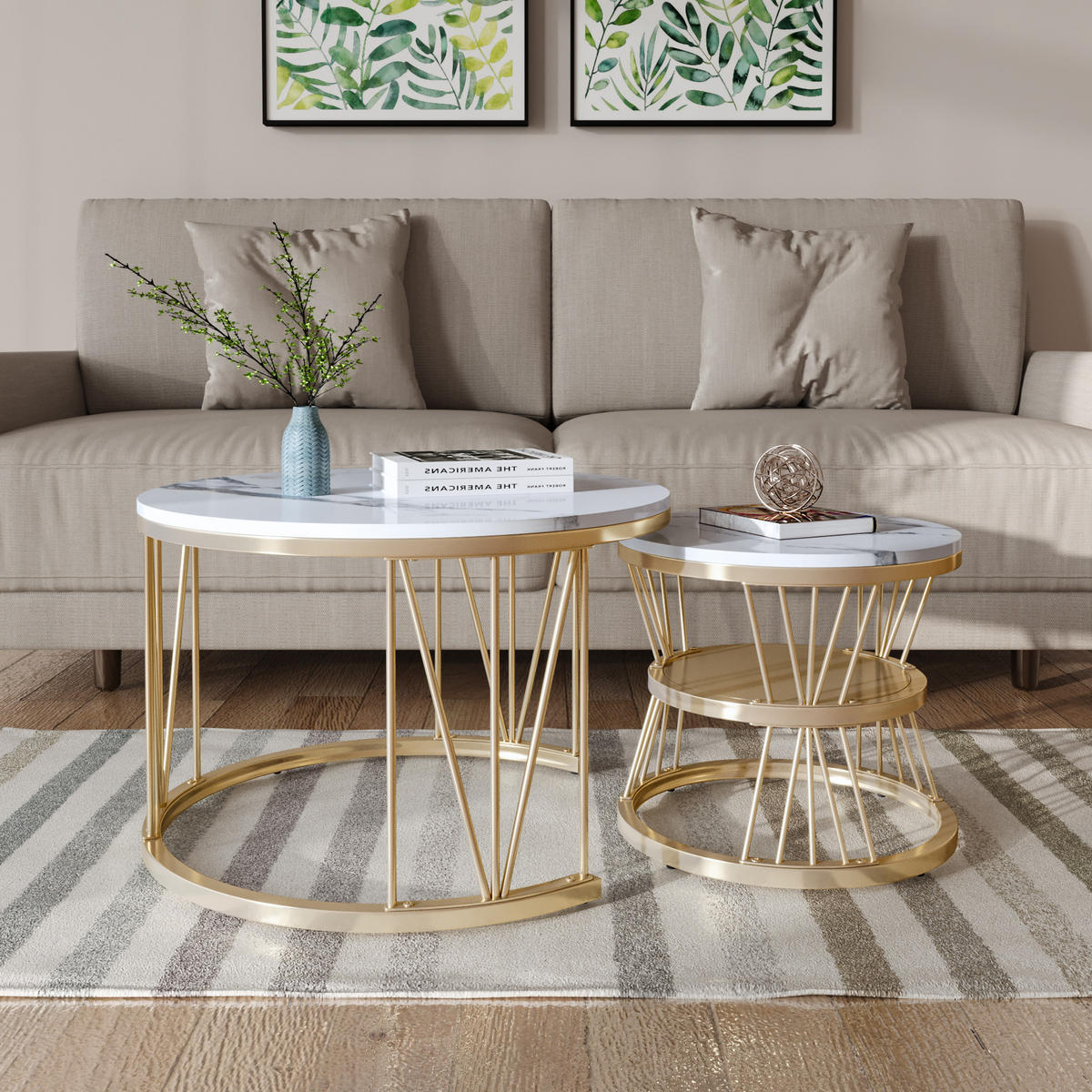 COUCHTISCH-SET Gold in Marmoroptik mit Metallgestell, rund - Goldfarben, Metall (70/70/45cm)