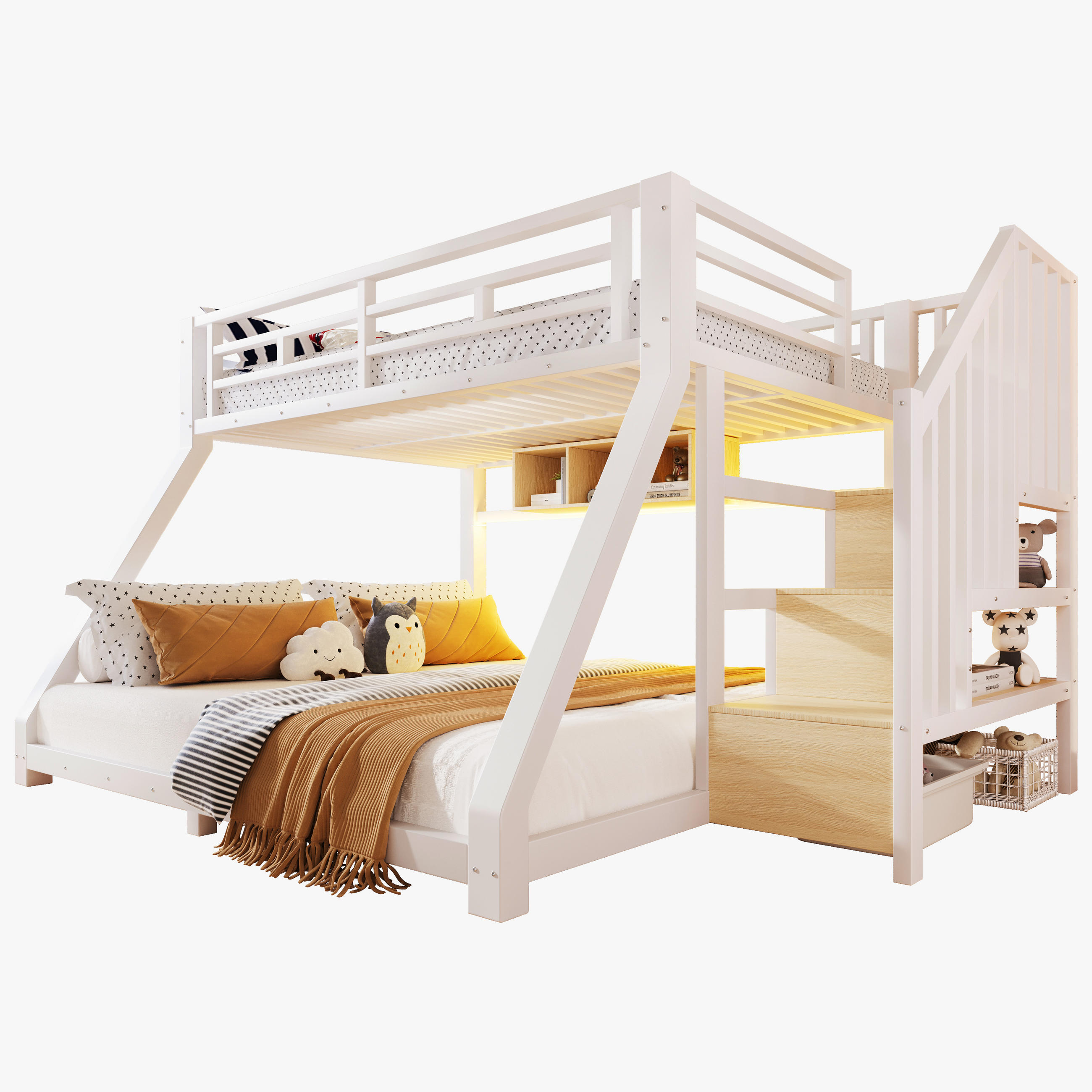 ETAGENBETT 90/200 cm & 140/200 cm in Weiß Kinderbett mit 3 Staufächern, LED und Treppe Metall - Weiß, Holzwerkstoff/Metall (140/200cm) - STILVORA