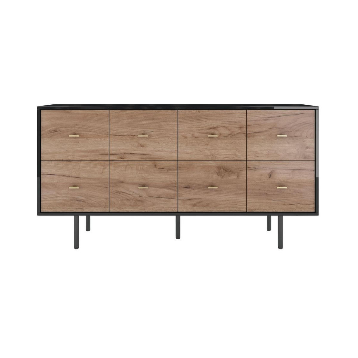 SIDEBOARD Maud, 8 Schublade, Schwarzer Hochglanz + Eiche Dekor, 163 cm - Eichefarben/Schwarz, Holzwerkstoff/Metall (163.6/83.6/40cm) - Skandica