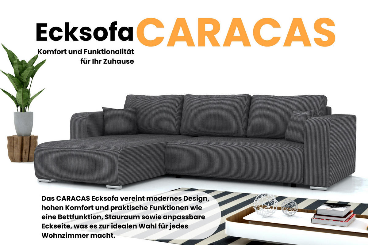 ECKSOFA CARACAS 288/185 in Cord Anthrazit mit Schlaffunktion links - Anthrazit, Holz/Holzwerkstoff (288/185cm) - Deine Möbel 24