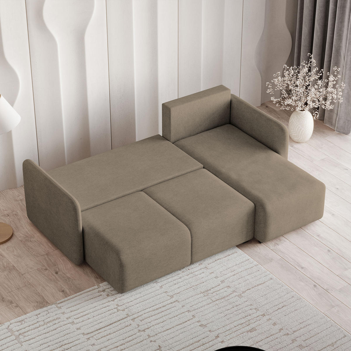 ECKSOFA SUVINO Braun Geflochtener Stoff mit Schlaffunktion - Braun, Holz (230/143cm) - MASSENO