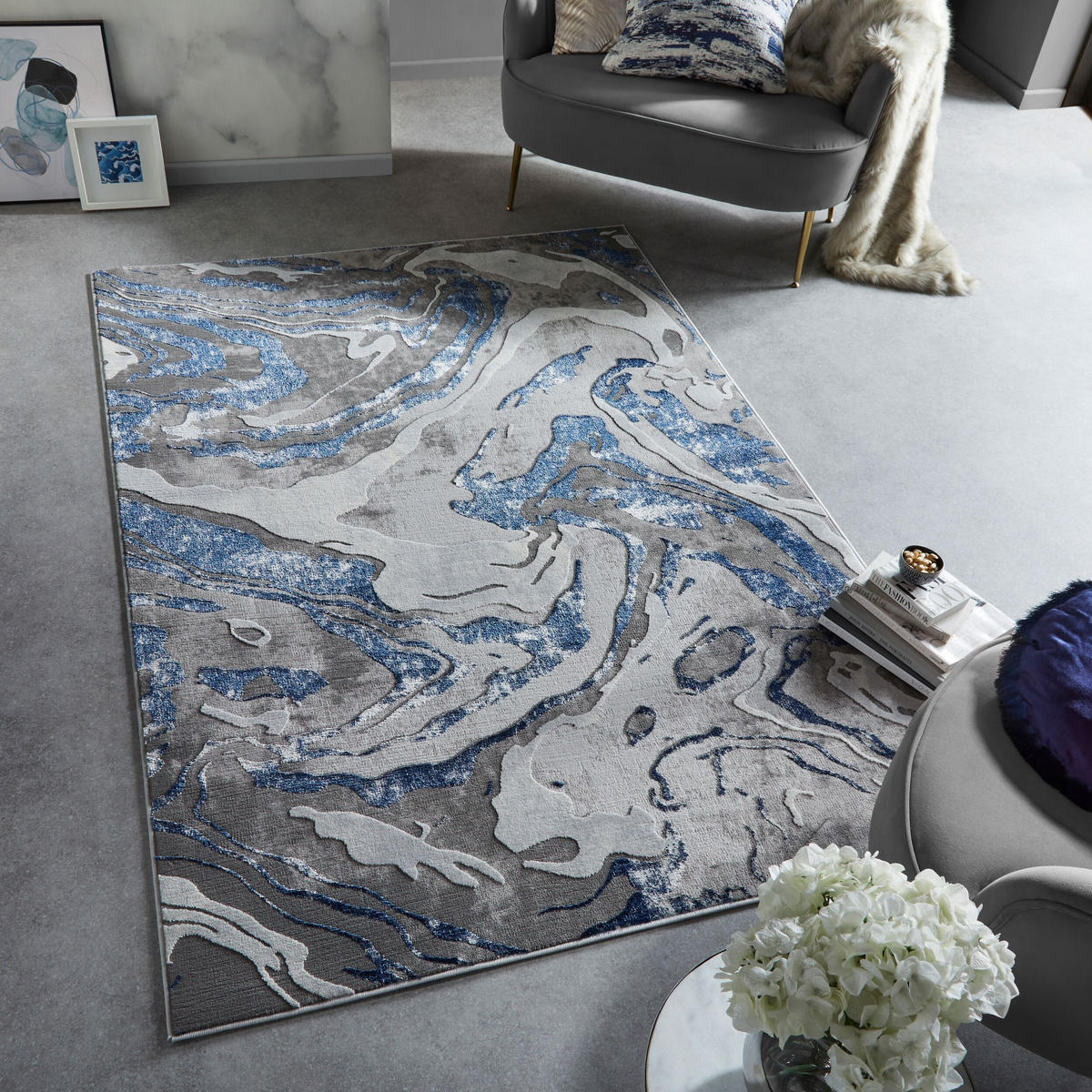 TEPPICH Marmor-Design, metallisch OUSE JOY, Blau-Grau 200x290 cm - Blaugrau, Textil (200/290cm) - KADIMA DESIGN