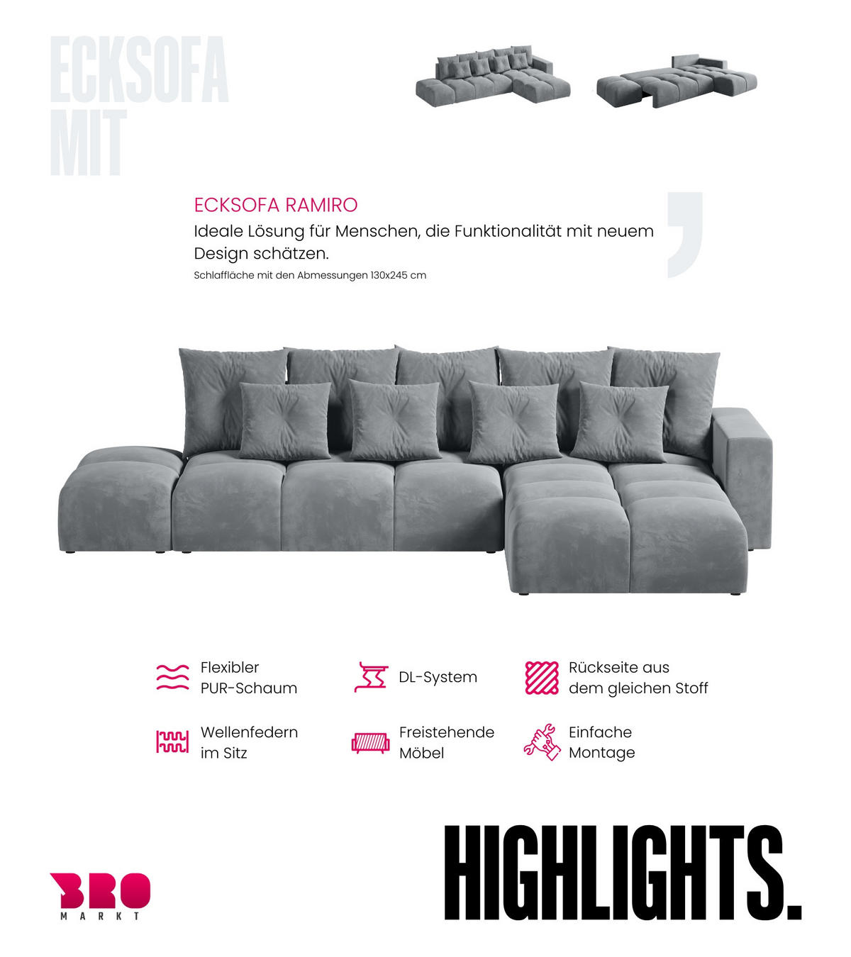 ECKSOFA mit Schlaffunktion RAMIRO Hellgrau - Grau, Textil (325/185cm)