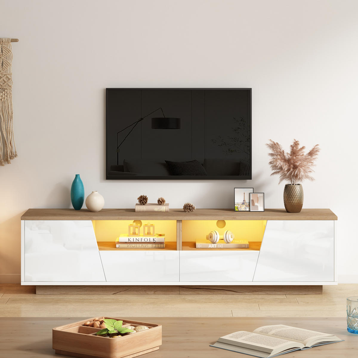 TV-LOWBOARD 180x40x46 cm Weiß Holz LED 2 Schränke 2 Schubladen - Weiß, Holzwerkstoff (40/46/180cm) - FLIEKS