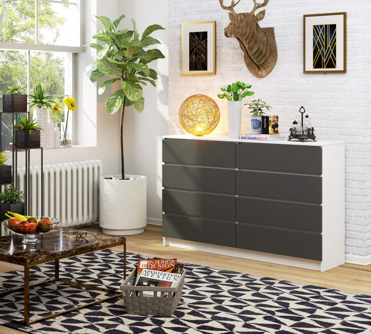 KOMMODE Weiß, Graphit Grau 99/160/40 - Weiß, Holzwerkstoff (160/99/40cm) - RAUMHIRSCH FURNITURE