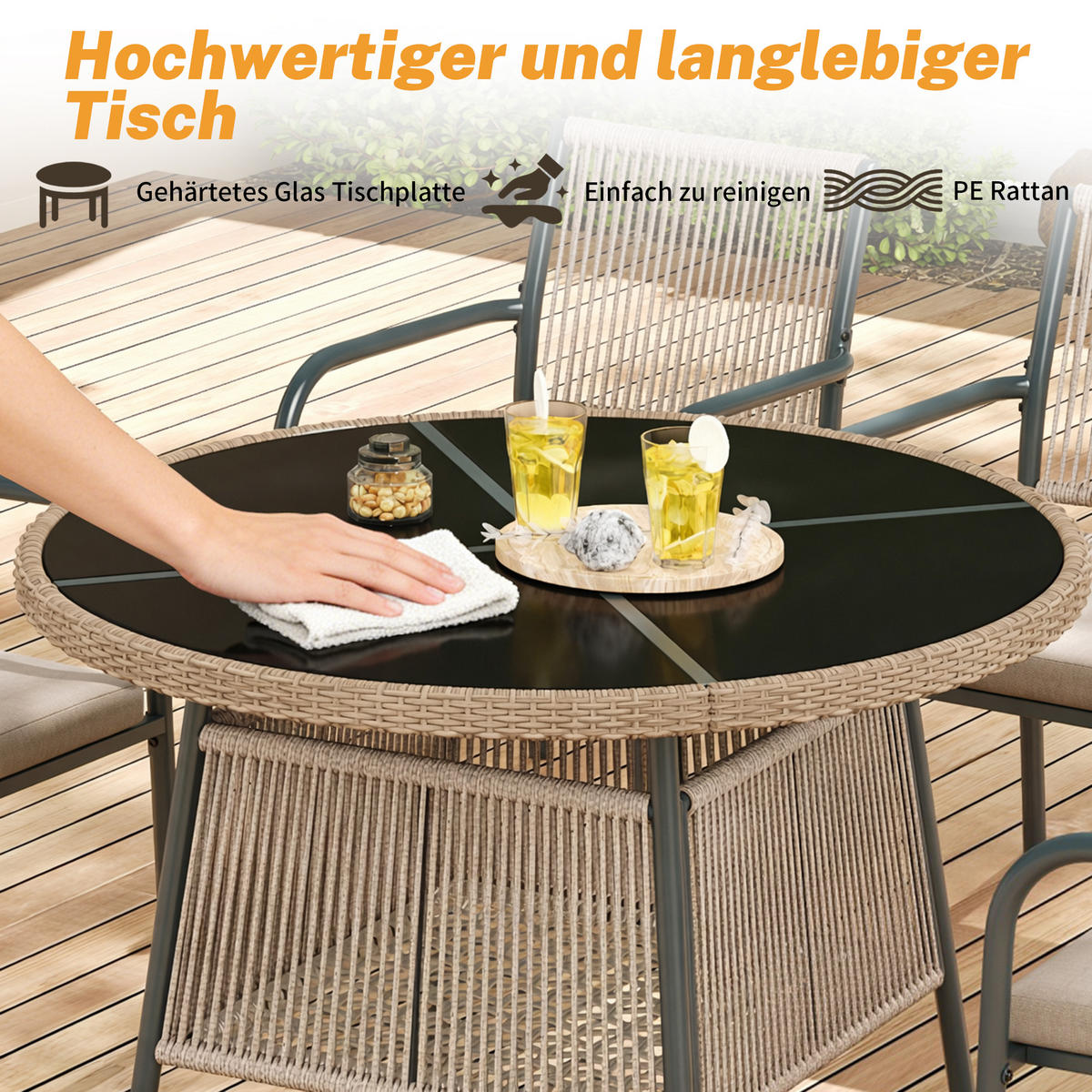 GARTENMÖBELSET 110/110/74 cm grau aus Eisen mit Glasplatte und 4 Sesseln - Beige, Metall - OKWISH