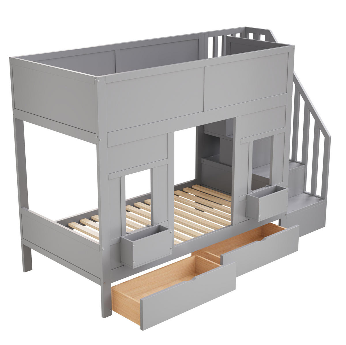ETAGENBETT 90/200 cm grau aus Holz mit Treppe und Stauraum - Grau, Holzwerkstoff (90/200cm) - OKWISH