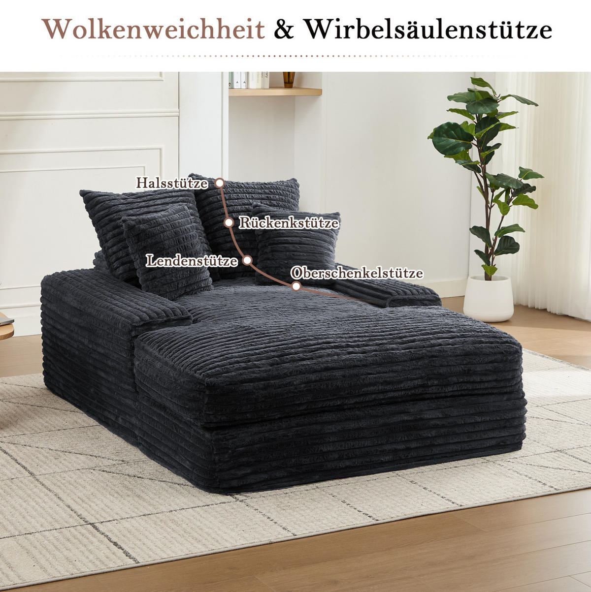 CHAISELONGUE Cordstoff mit Memory-Schaum und 4 Kissen 137/175/63 cm Grau - Grau, Textil (137/63/175cm) - Redom