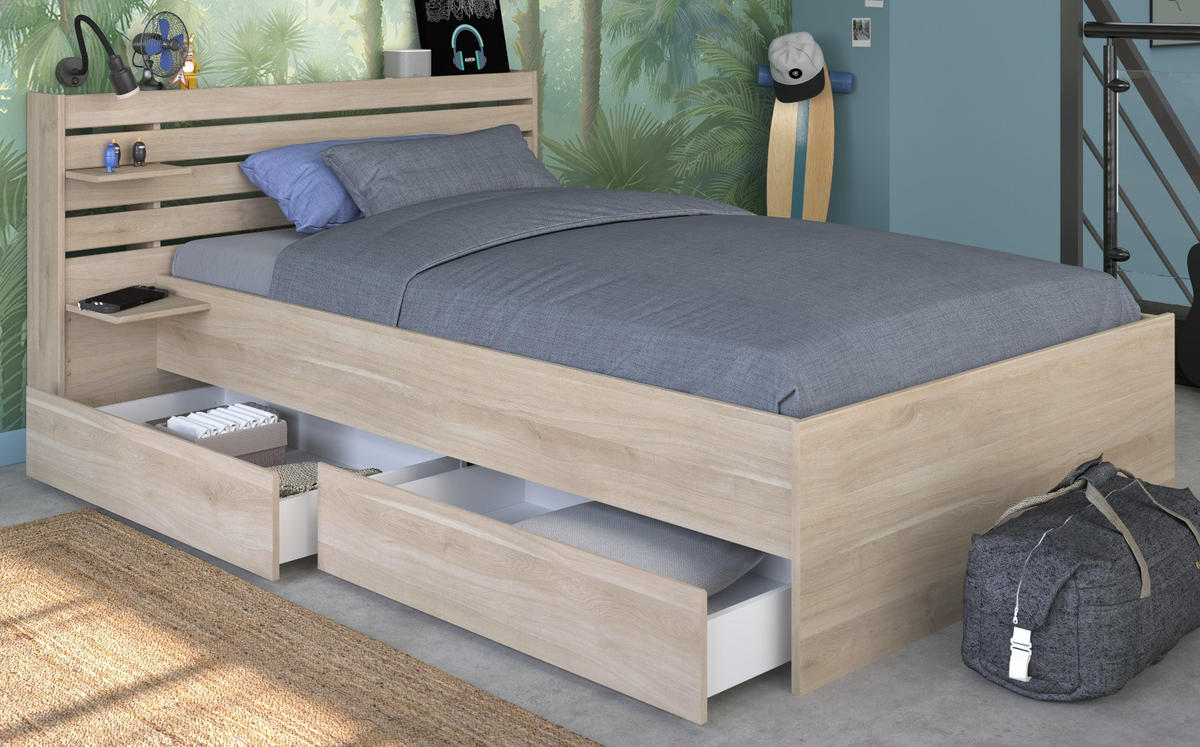 STAURAUMBETT Eiche japanisch, Bett Liegefläche 120 x 200 cm - Eichefarben, Holzwerkstoff/Metall (120/200cm) - Parisot Meuble