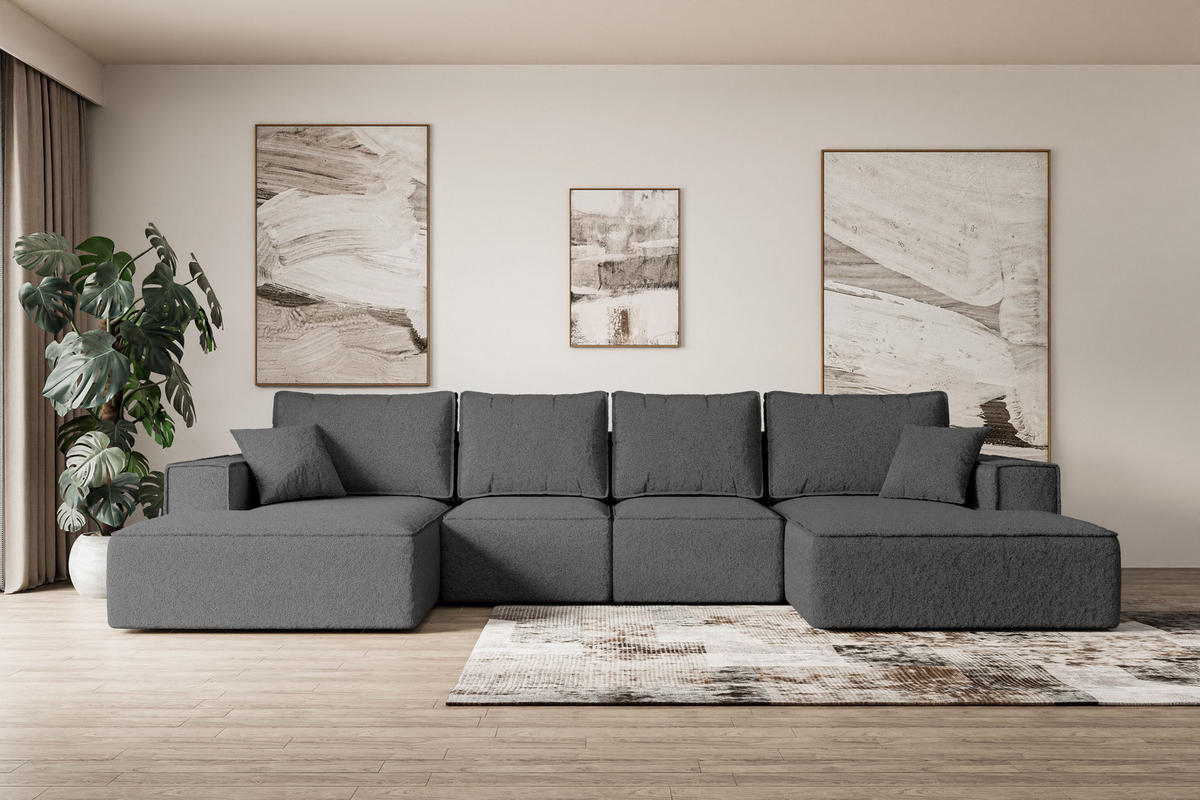 WOHNLANDSCHAFT mit Schlaffunktion und Bettkasten SIERRA-U-S - 349x161x87 cm Grau Bouclé - Schwarz/Grau, Holzwerkstoff/Kunststoff (349/87/161cm) - ALTDECOR