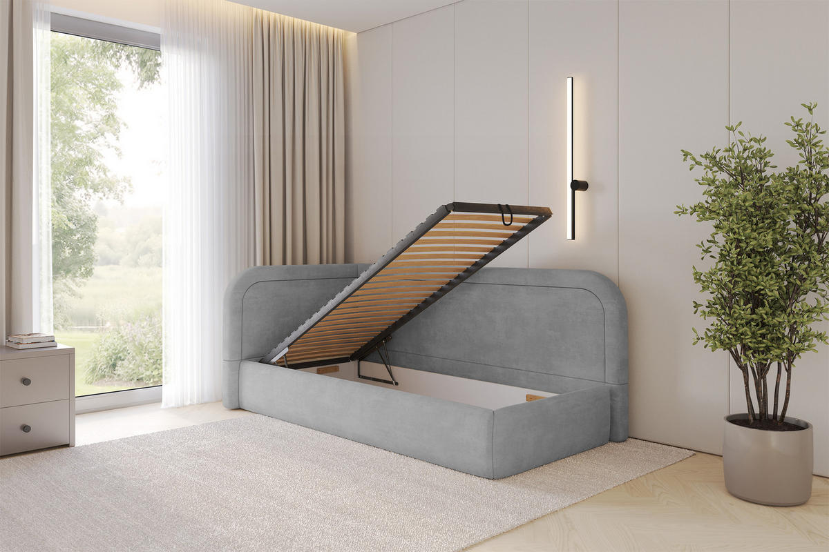 EINZELLBETT Jugendbett mit Bettkasten, Rechts - JOVY 100x200 Grau - Silberfarben, Holzwerkstoff/Textil (100/200cm) - ALTDECOR