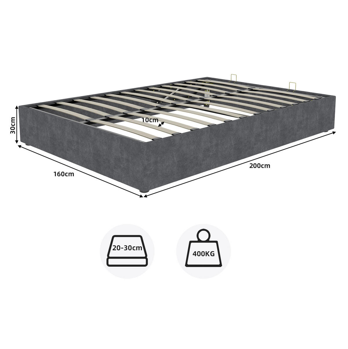 KREVET 160/200 cm s plinskim podizanjem i stabilnom višetočkovnom potporom, Siva - siva, tekstil (160/200cm) - Redom
