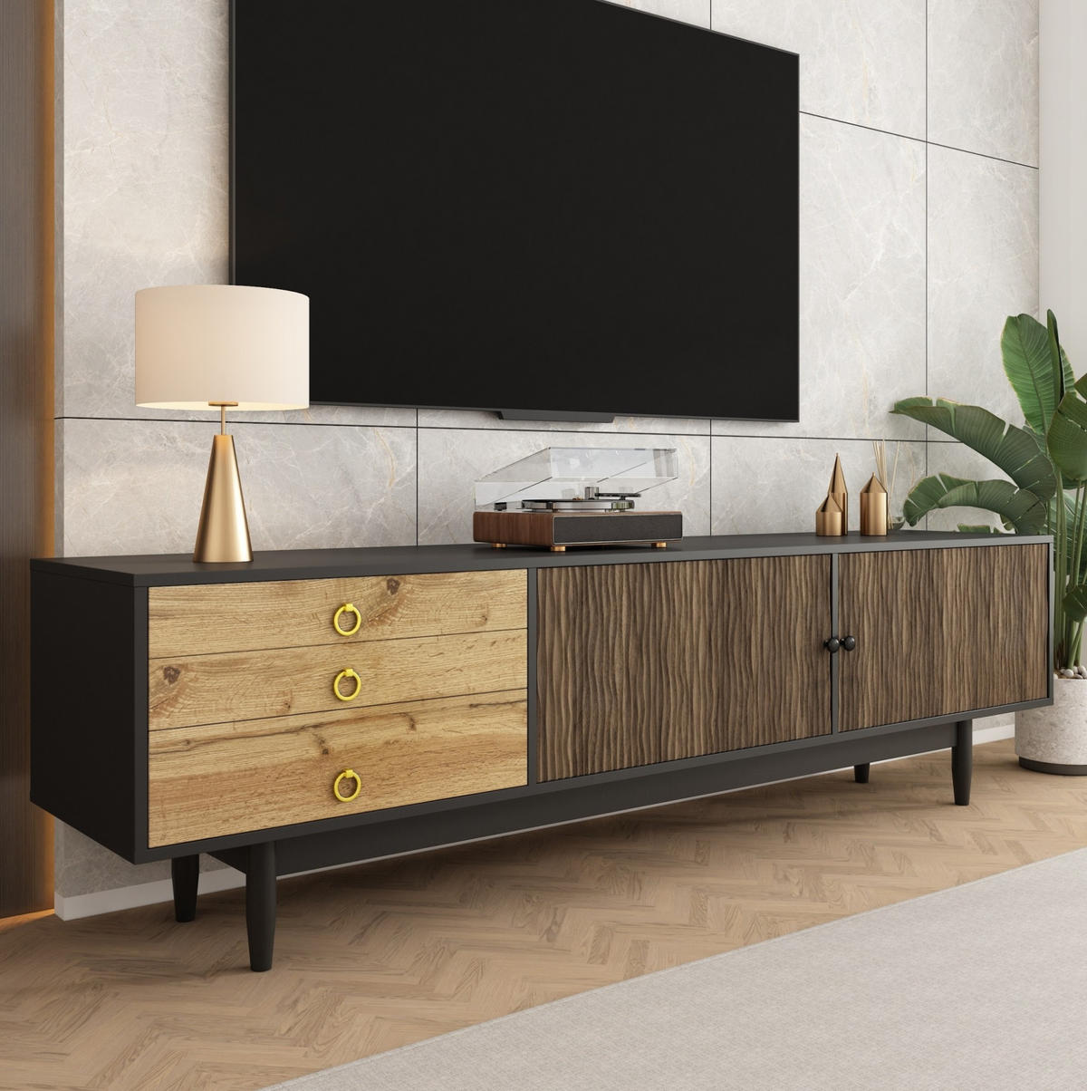 TV-SCHRANK 180/50/38 cm schwarz-finish MDF mit 2 Türen und 3 Schubladen - Schwarz, Holzwerkstoff (180/38/50cm) - OKWISH