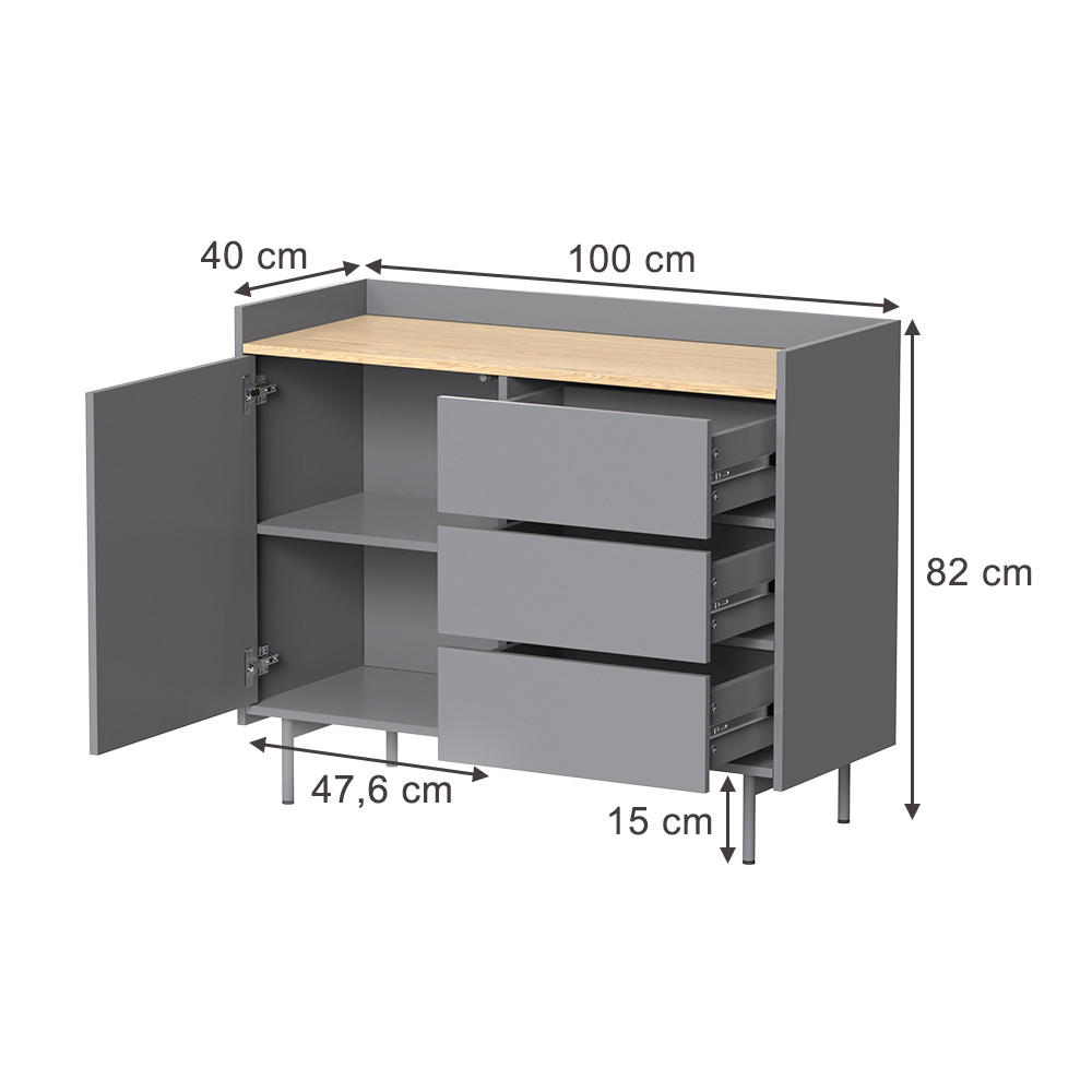 KOMMODE Velina Grau/Eiche 100 x 82 cm mit 3 Schubladen und 1 Tür - Eichefarben/Grau, Holzwerkstoff (100/82/40cm) - Vicco