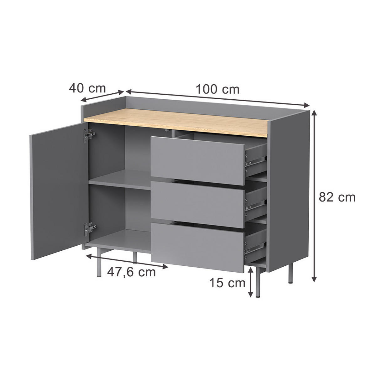 KOMMODE Velina Grau/Eiche 100 x 82 cm mit 3 Schubladen und 1 Tür - Eichefarben/Grau, Holzwerkstoff (100/82/40cm) - Vicco