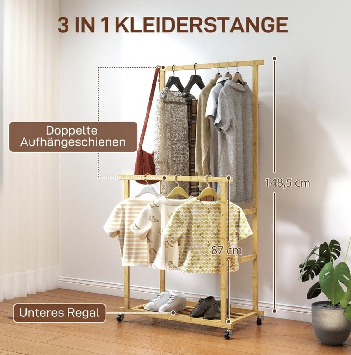 GARDEROBENSTÄNDER 80/40/160 cm aus Bambus mit 2 Kleiderstangen und Schuhablage - Naturfarben, Naturmaterialen (80/160/40cm) - BEAOK