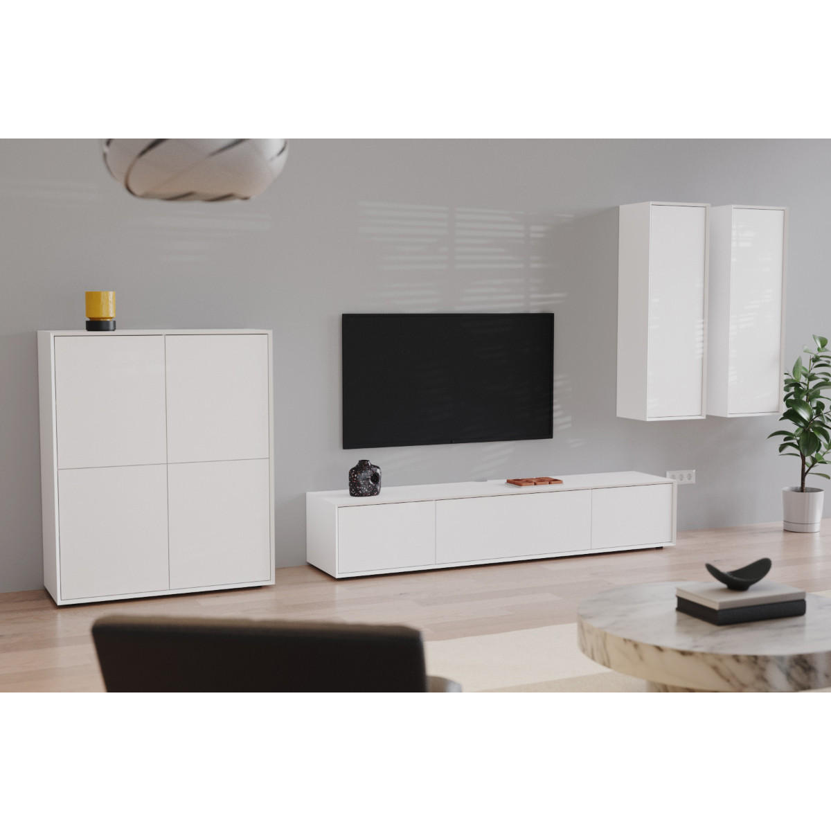 TV-MÖBEL mit 3 Absenkungen 43/200/36 cm - Weiß, Holzwerkstoff (43/36/46.5cm) - Calicosy