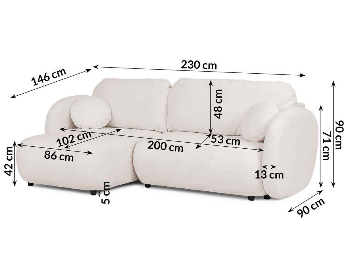 ECKSOFA Candy mit Schlaffunktion Weiß Bouclé-Stoff - Ottomane links - Schwarz/Weiß, Holz/Kunststoff (230/146cm) - S-Style Möbel