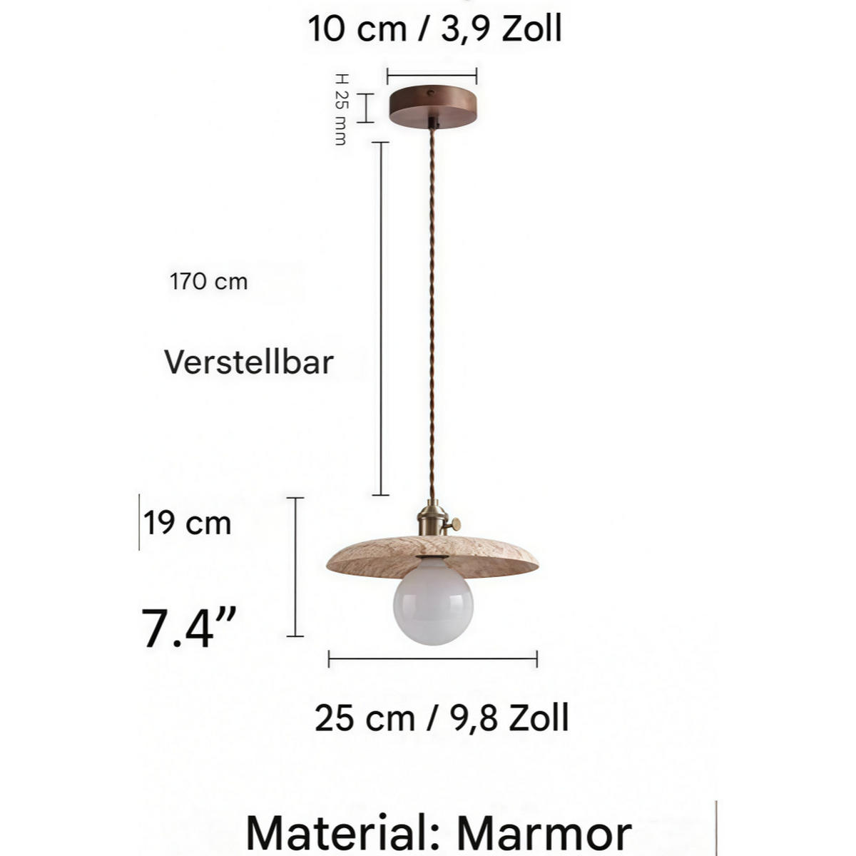 PENDELLEUCHTE Vintage Marmor Metall E26/E27 25x19cm - Gelb, Stein (19/25/19cm) - Authentics