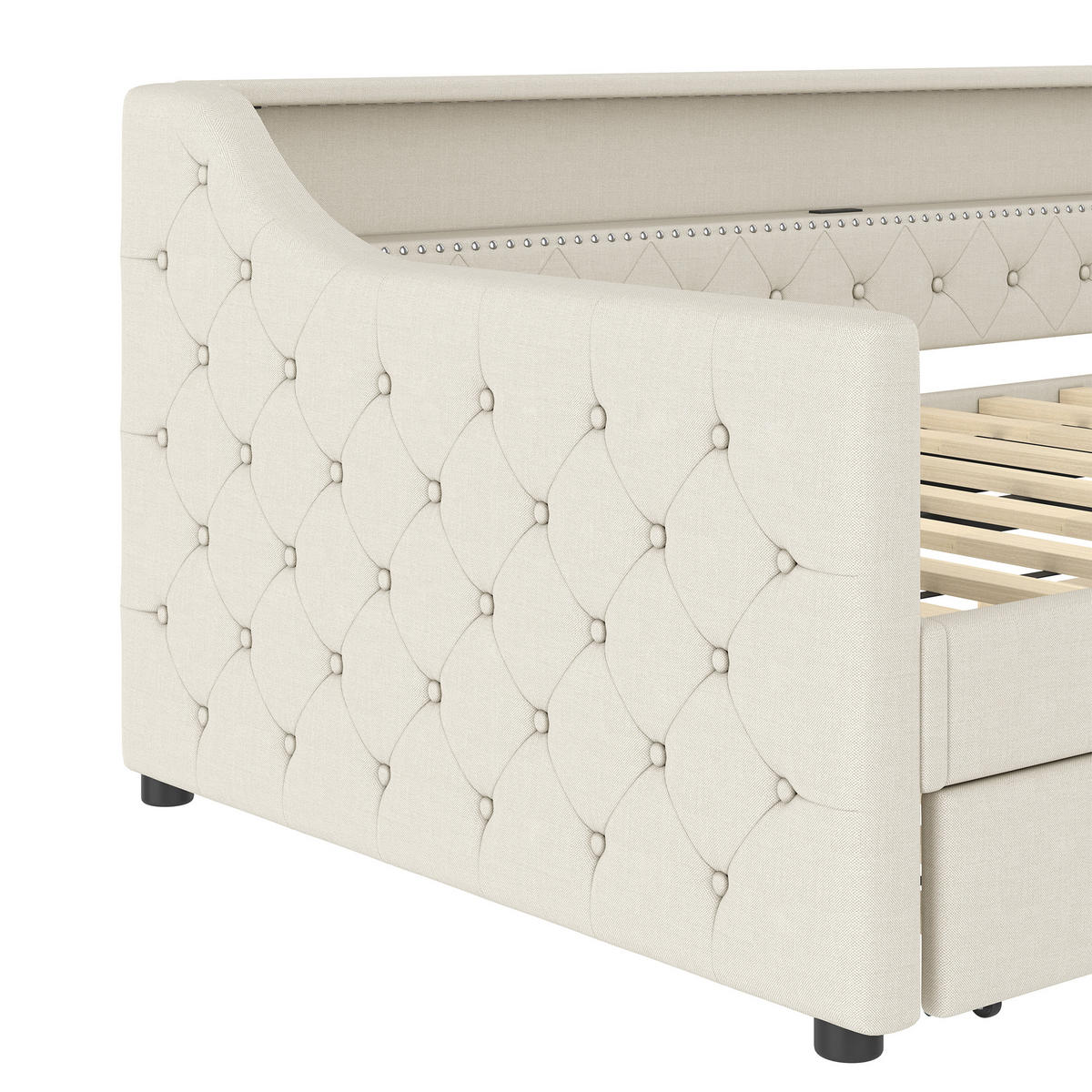 TAGEBETT 90x200cm Beige Leinen LED-Licht Ausziehbett USB - Beige, Holz (90/200cm) - FLIEKS