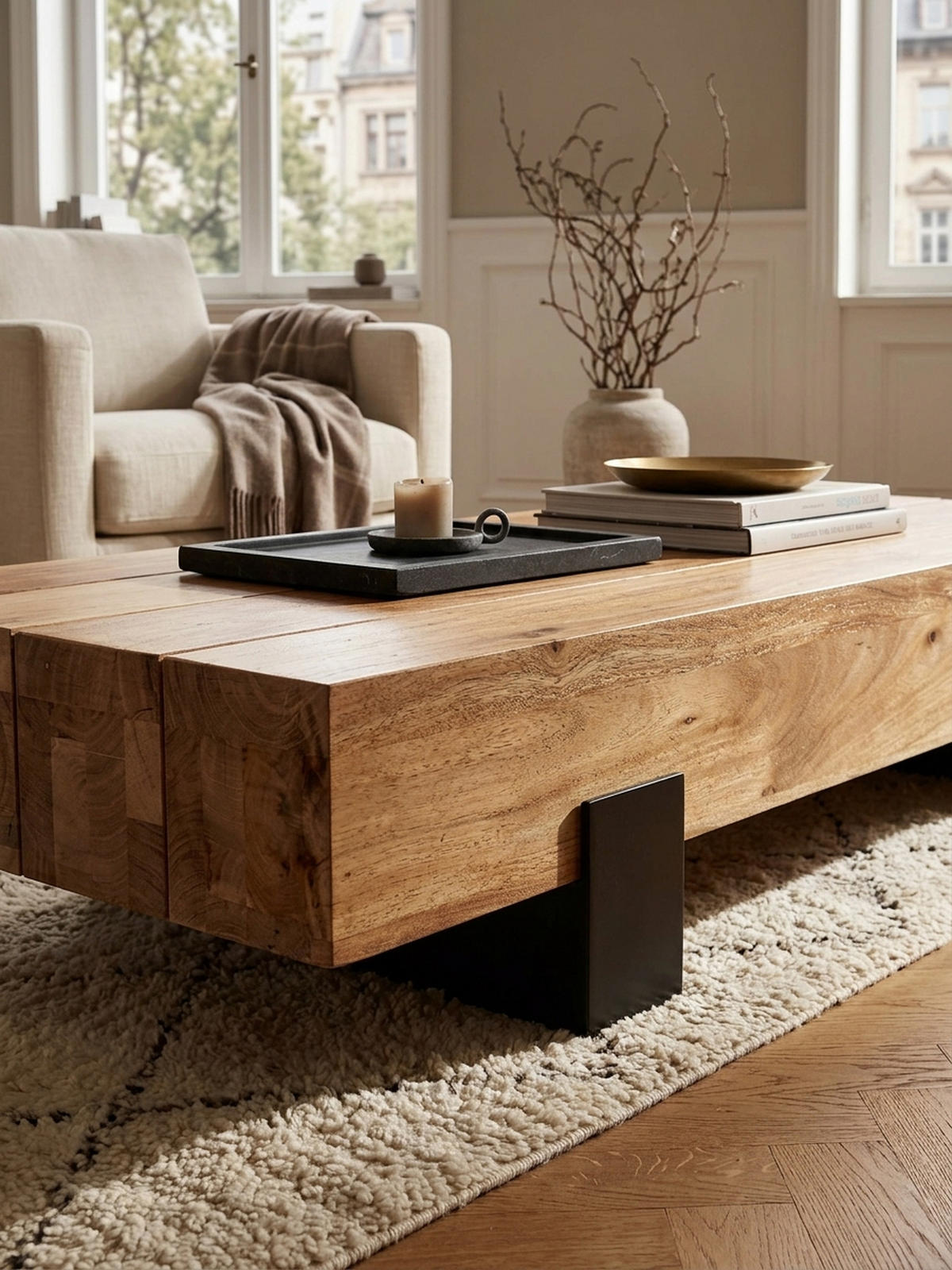 COUCHTISCH Industrie-Stil in Akazienholz und Schwarz Metall, Maße 130x25x59 cm - Beige/Schwarz, Holz/Metall (59/130/25cm) - KADIMA DESIGN