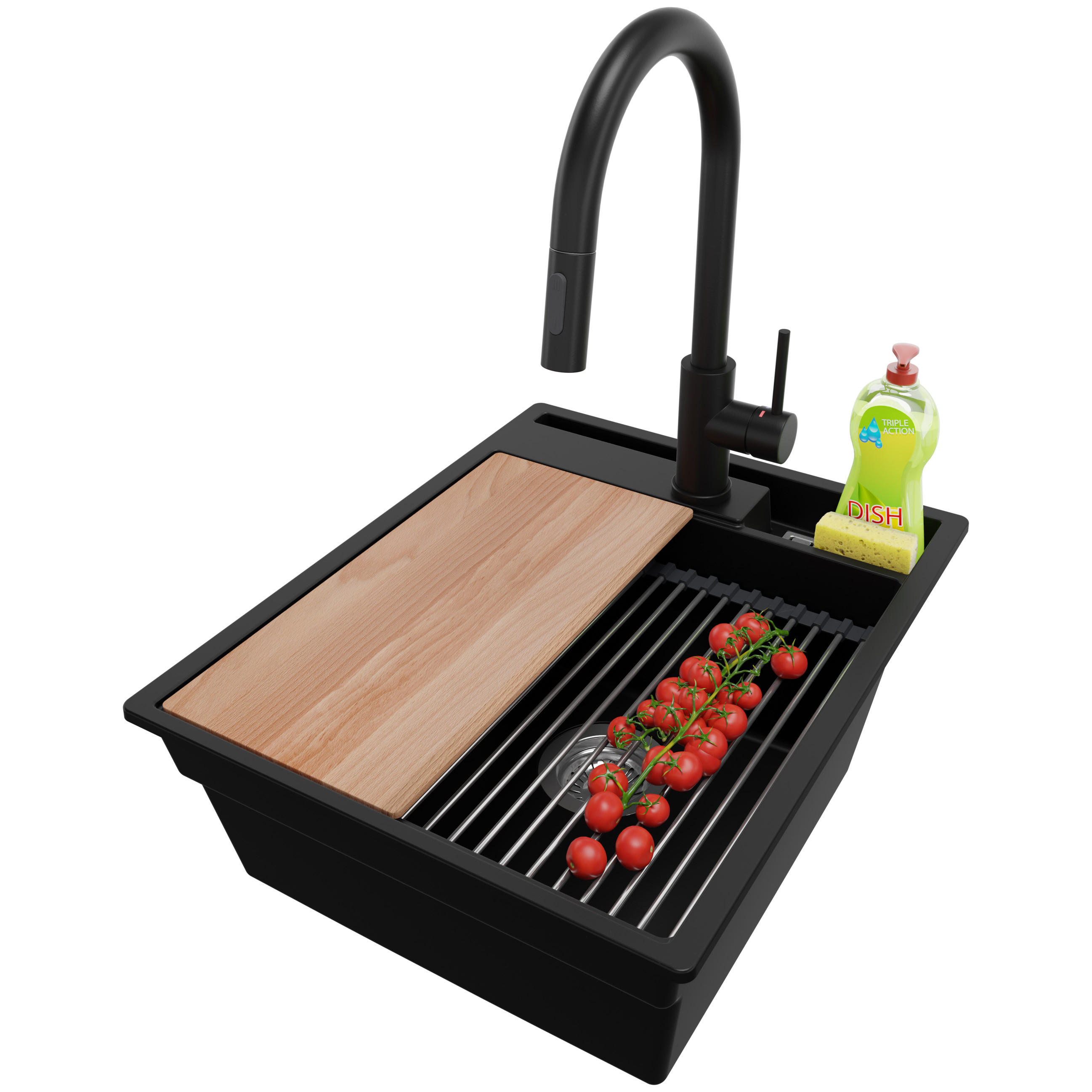 GRANITSPÜLE Oslo Pocket, 2-er set Schwarz 43/53 cm 1 Becken + Küchenarmatur 40/20 cm + Ablauf-Set + Küchenzubehörset ab 45er Unterschrank - Chromfarben/Beige, Kunststoff (43/20/53cm) - Primagran