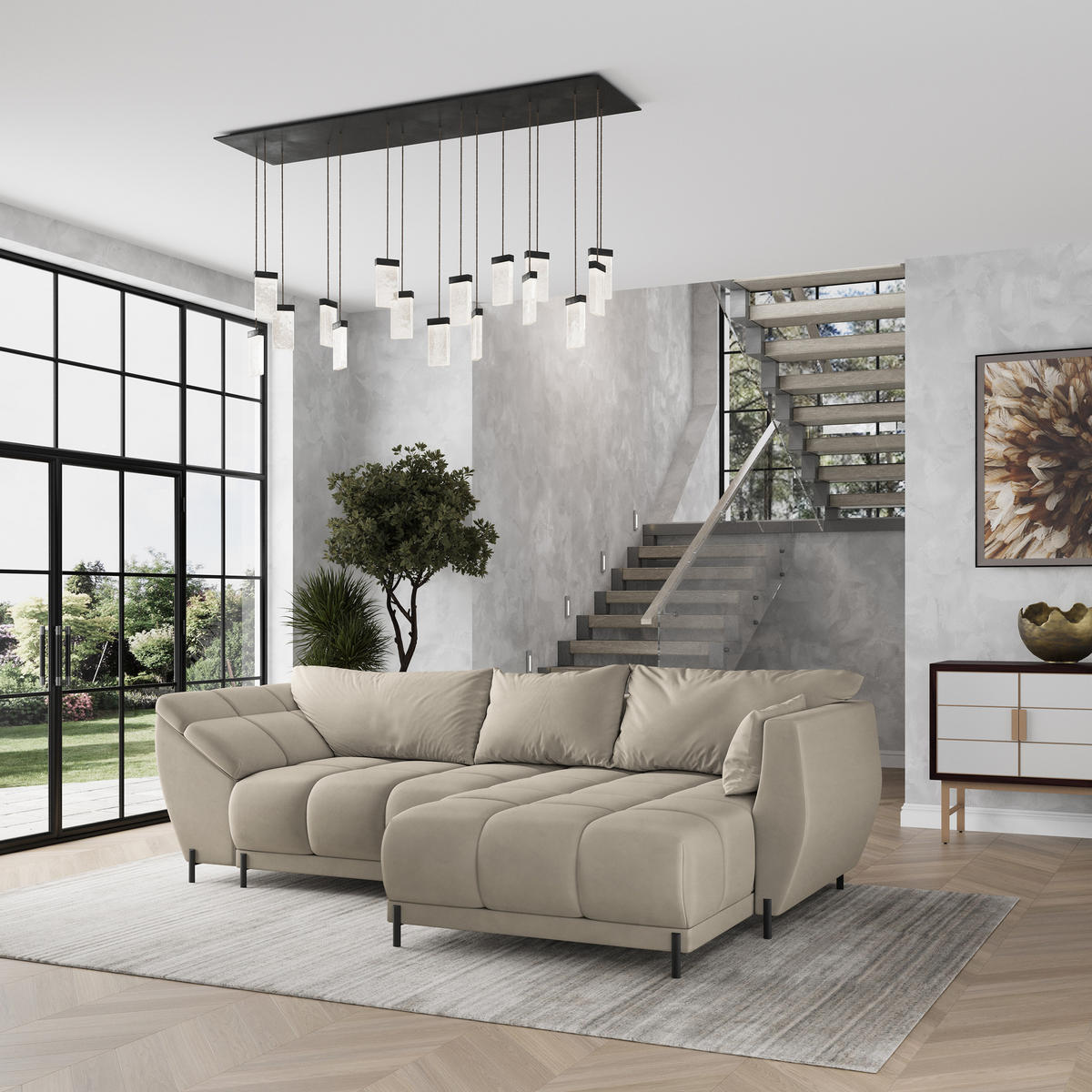 ECKSOFA VESTANO R-S Beige Velours-Stoff mit Schlaffunktion - Beige, Holz (287/182cm) - MASSENO