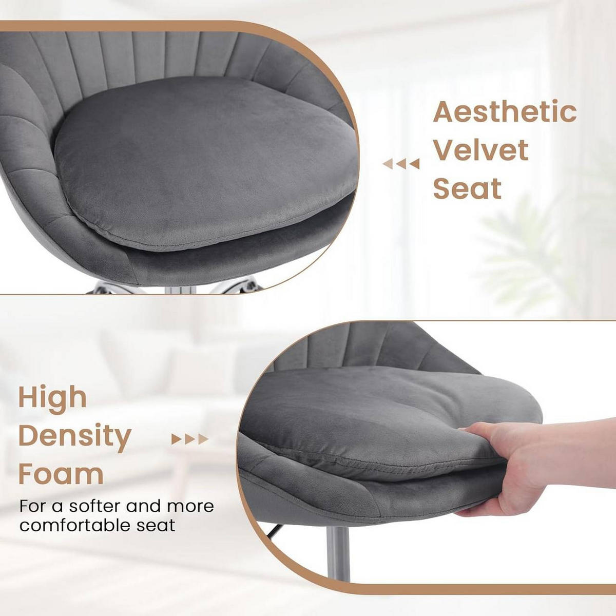 DREHSTUHL ergonomisch, Schminkstuhl, Samt, Dunkelgrau - Dunkelgrau/Schwarz, Textil/Metall (52/72/48cm) - Woltu