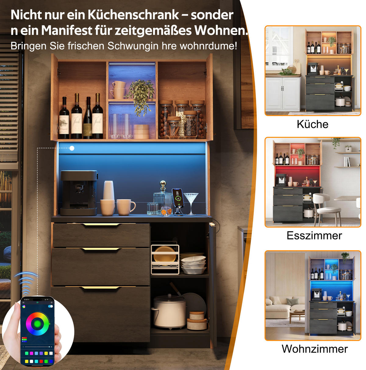 KÜCHENHOCHSCHRANK aus MDF 100x40x180 cm Neutral mit schwarzer Arbeitsplatte, LED-Beleuchtung und Steckdose - Naturfarben, Holzwerkstoff (100/180/40cm) - IVMEU