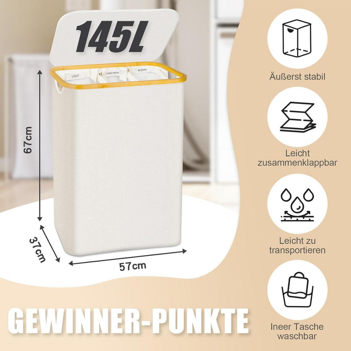 WÄSCHEKORB mit Deckel 145L 3 Fächer Beige - Beige, Textil (37/69/57cm)