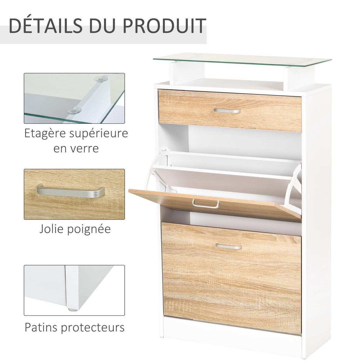 SCHUHSCHRANK DE-14965 2 Klapptüren & Schublade mit Glasablage Eiche - Weiß, Holzwerkstoff (60/105/24cm) - ComfortXL