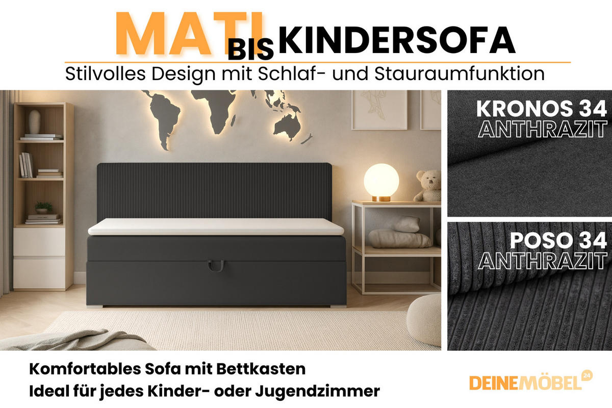 BOXBETT MATI BIS 100/200 Anthrazit mit Taschen-Federkernmatratze H4 - Anthrazit, Holz/Holzwerkstoff (100/200cm) - Deine Möbel 24
