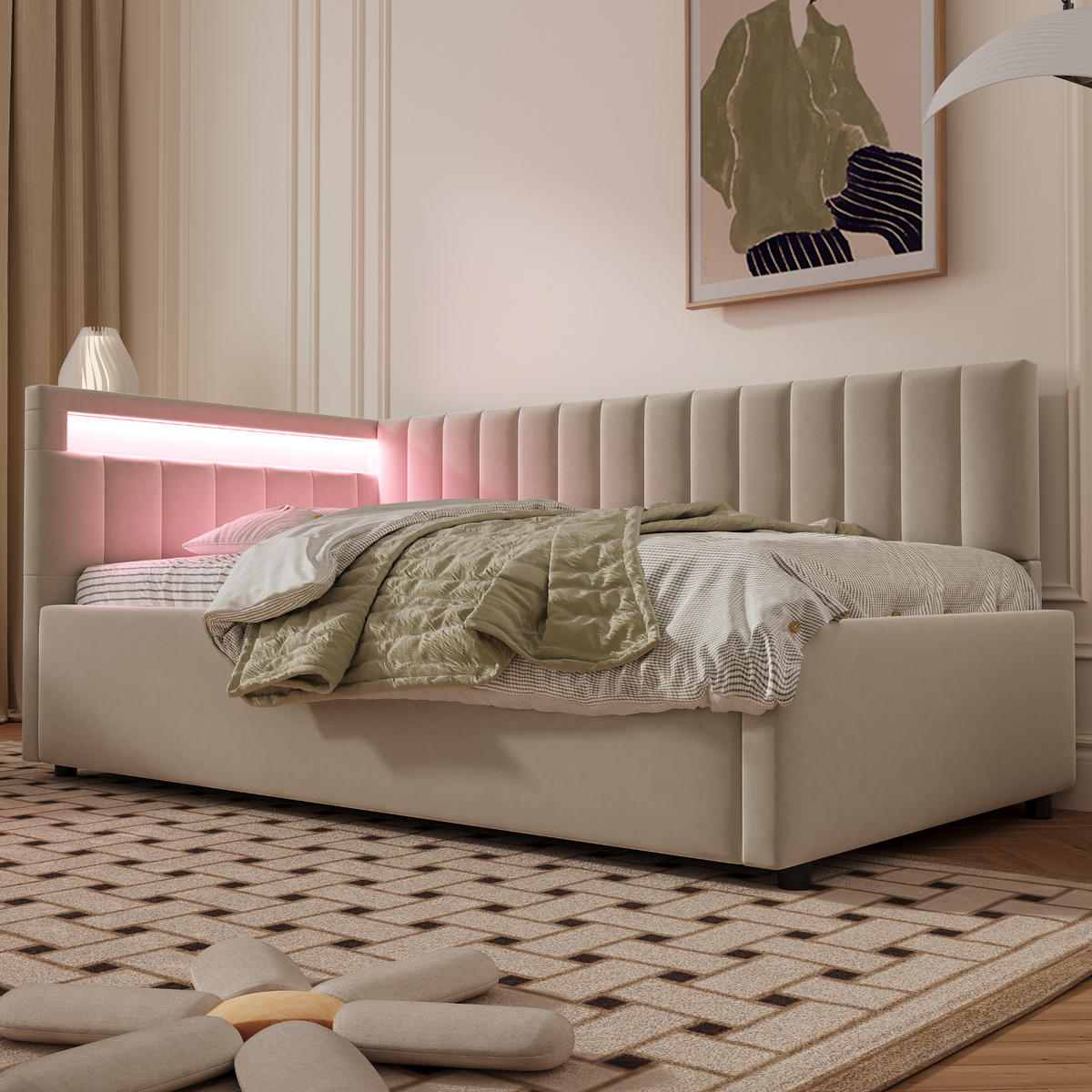 POLSTERBETT 90/200 cm beige aus Samt mit LED und hydraulischem Stauraum - Beige, Textil (90/200cm) - OKWISH