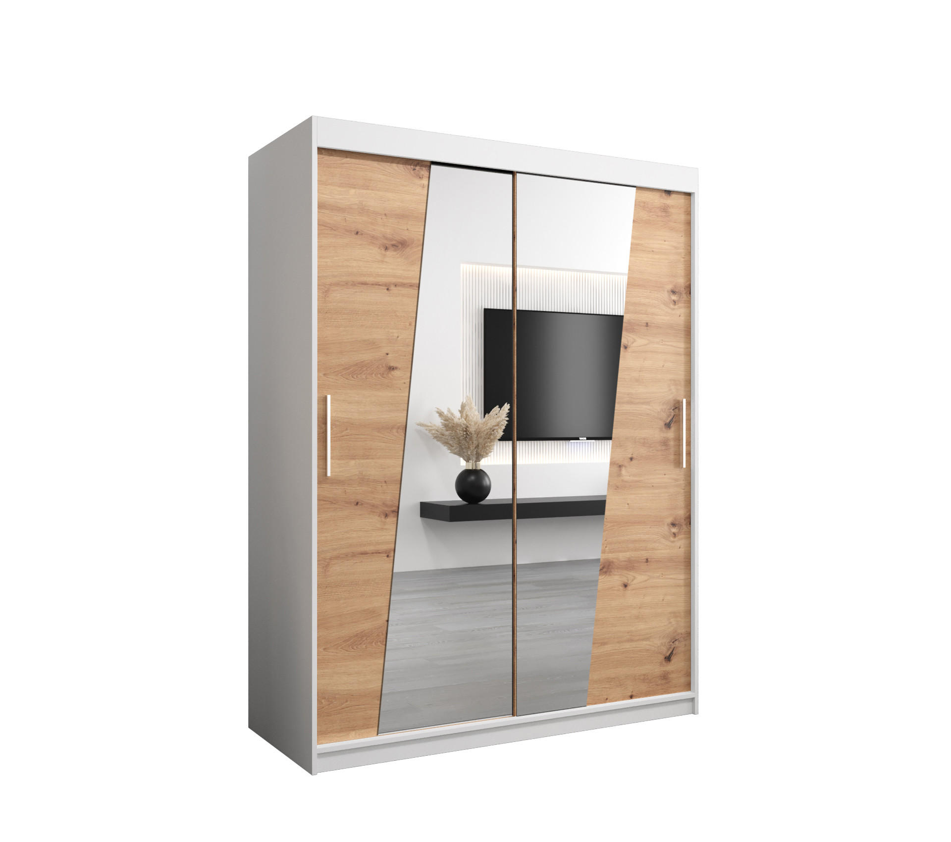 Abiks Möbel Schwebetürenschrank Weiß, Eiche Artisan 150x200x62 cm