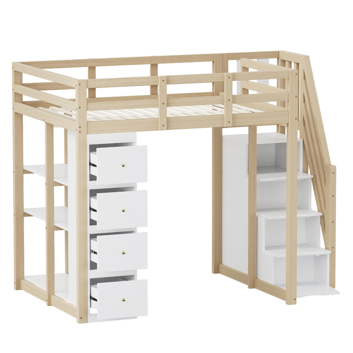 HOCHBETT 140/200 cm mit Aufbewahrungsschubladen und Sicherheitsleiter in Natur und Weiß ohne Matratze - Hellbraun/Weiß, Holz (140/200cm) - OKWISH