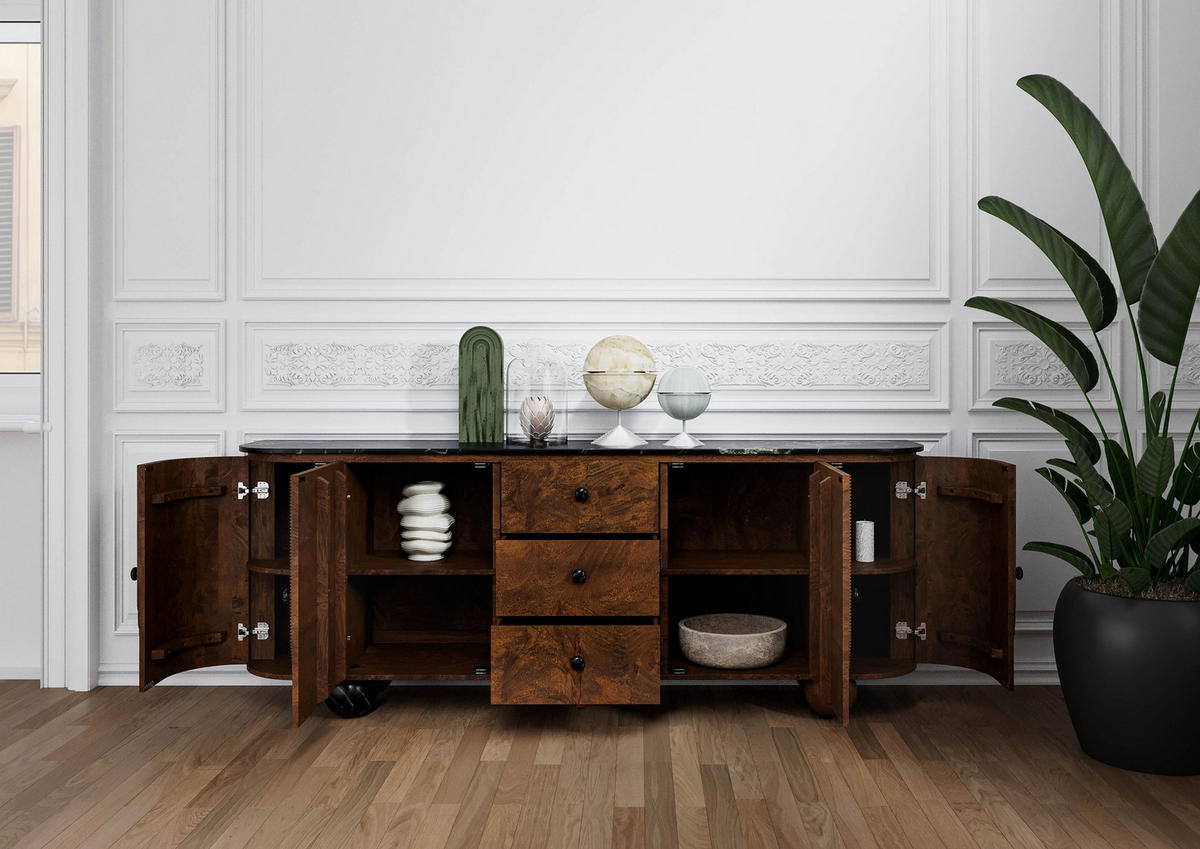 SIDEBOARD Mango 200x40x80 dunkelbraun lackiert / Marmor schwarz FLORENZ #222 - Dunkelbraun, Holz (200/80/40cm) - Massivmoebel24