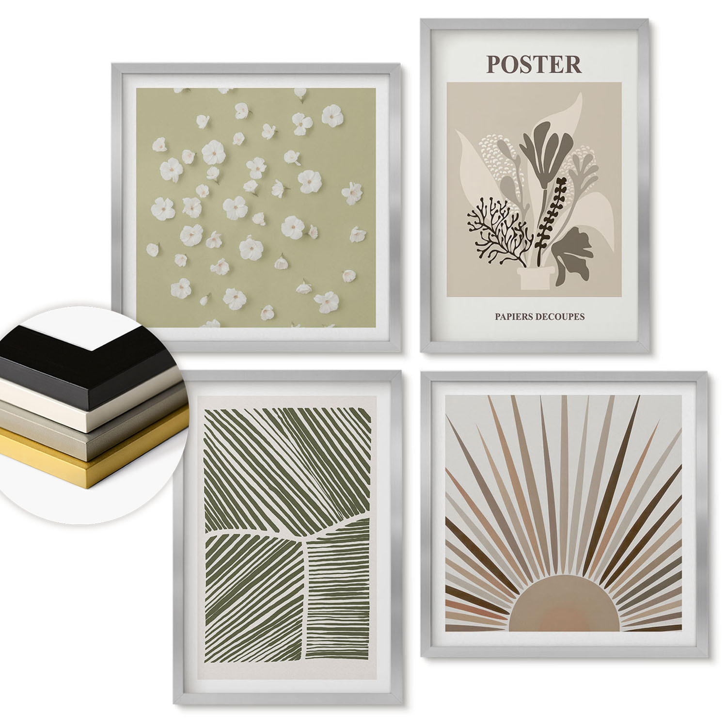 WANDBILDER 4er Set - 50x50 cm & 40x60 cm Silberner Rahmen - Pflanzenmotive in gedeckten Farben - Silberfarben, Kunststoff (50/50cm) - ArtPrintCave