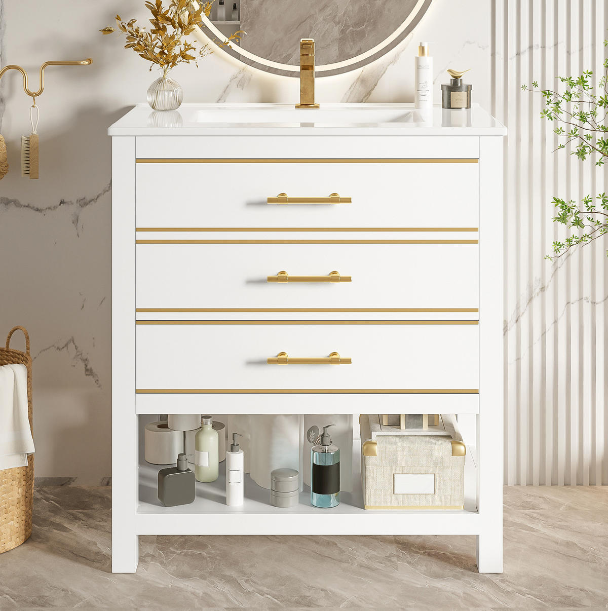 WASCHTISCH mit Keramikbecken 76 cm Weiß Gold - Weiß, Holzwerkstoff (46.5/86/76cm) - Beauniv