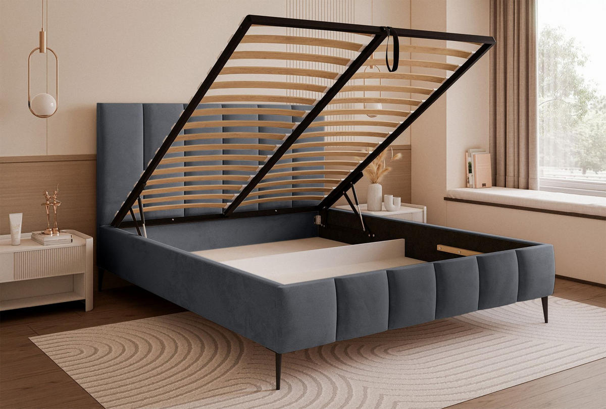 POLSTERBETT Sarafino Dunkelgrau Samt 140x200 cm - Dunkelgrau/Schwarz, Textil/Metall (140/200cm) - Selsey