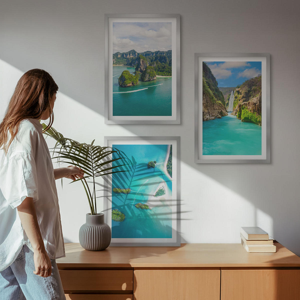 WANDBILDER 3er Set - 40x60 cm Silberner Rahmen - Tropische Inseln, türkisfarbenes Wasser - Silberfarben, Kunststoff (40/60cm) - ArtPrintCave