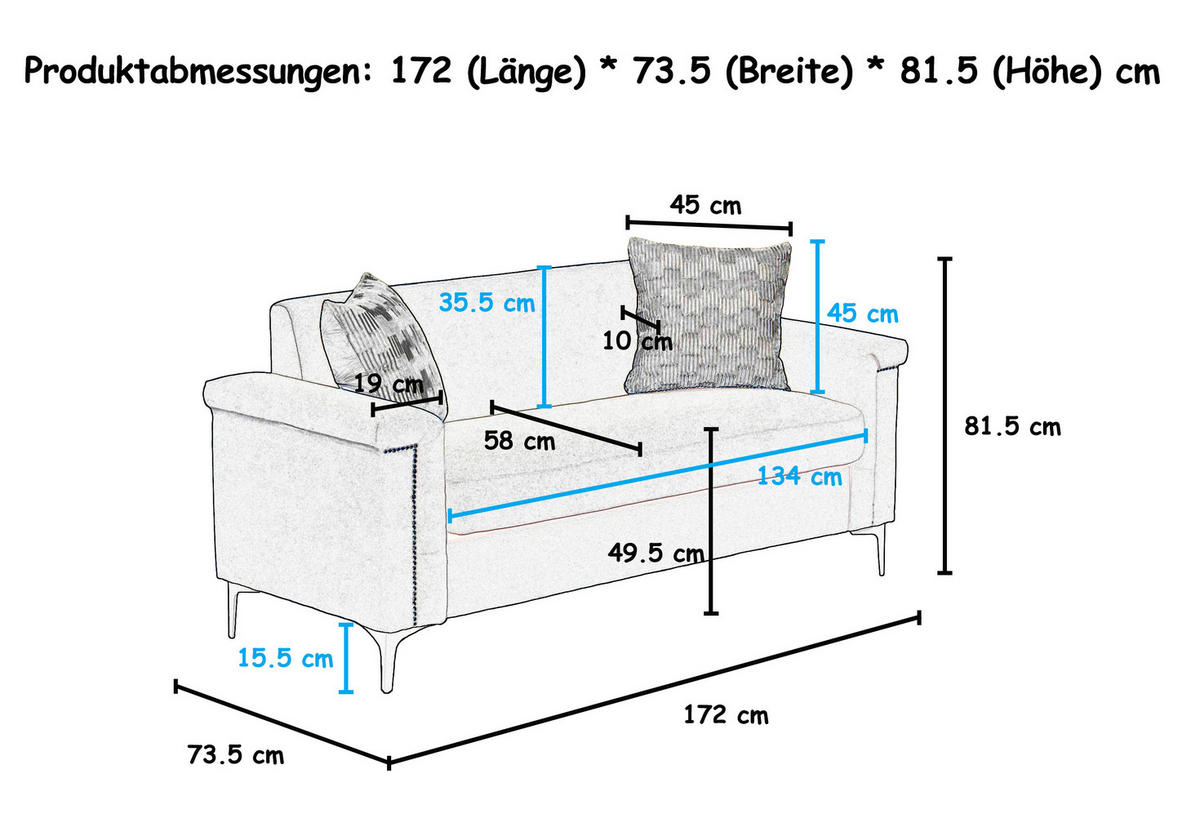 2-SITZER-SOFA DE-35053 mit Leinenbezug Hellgrau - Hellgrau, Holzwerkstoff (73.5/81.5/172cm) - ComfortXL