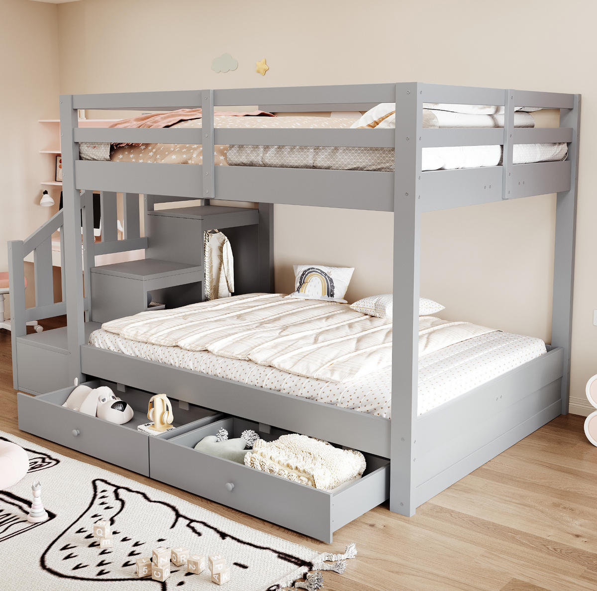 ETAGENBETT aus Kiefernholz 140x200 cm Grau mit Stauraumtreppe und 2 Schubladen - Grau, Holz (140/200cm) - Modfu
