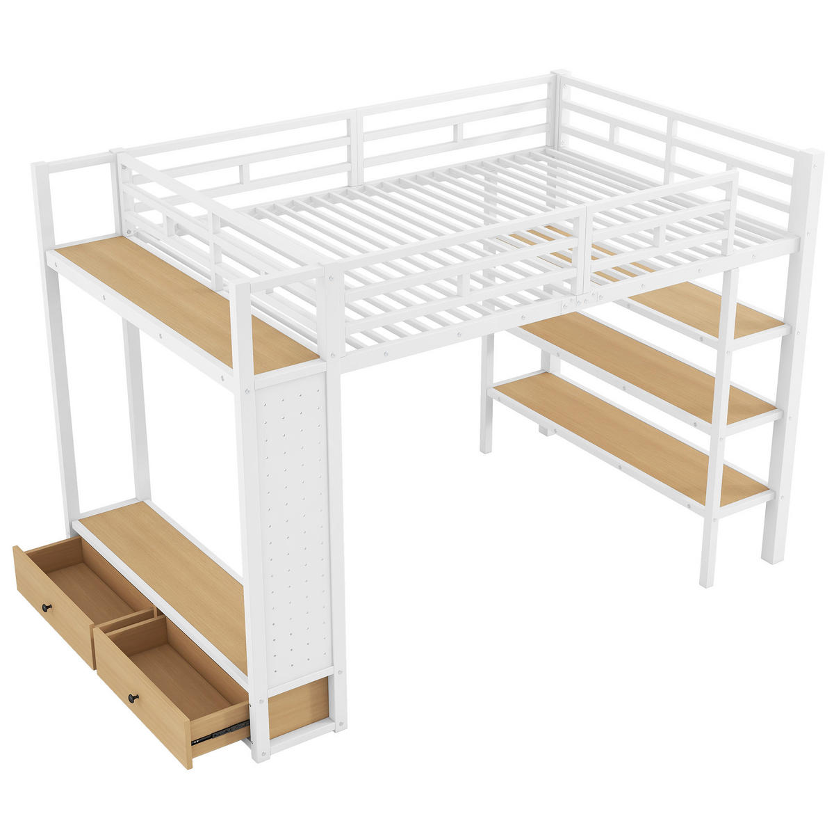 HOCHBETT 140/200 cm mit offenem Kleiderschrank, Regalfächern, Lochwand und LED-Beleuchtung, Weiß - Weiß, Holzwerkstoff (140/200cm) - Redom