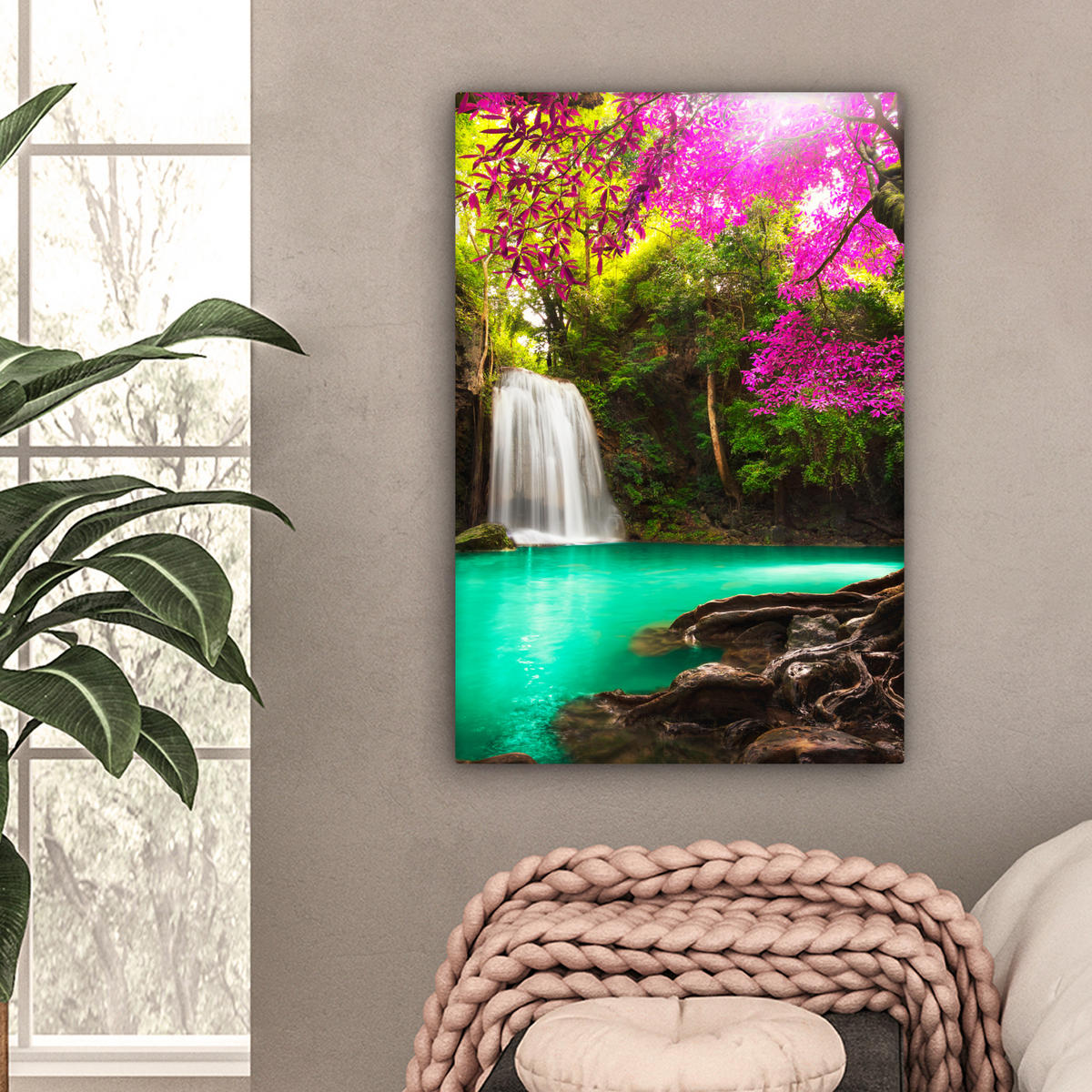 LEINWANDBILD Wasserfall mit bunten Blumen und Bäumen - Natur - Dschungel Wanddeko 40x60 cm - Waldgrün, Textil (40/60cm) - MuchoWow