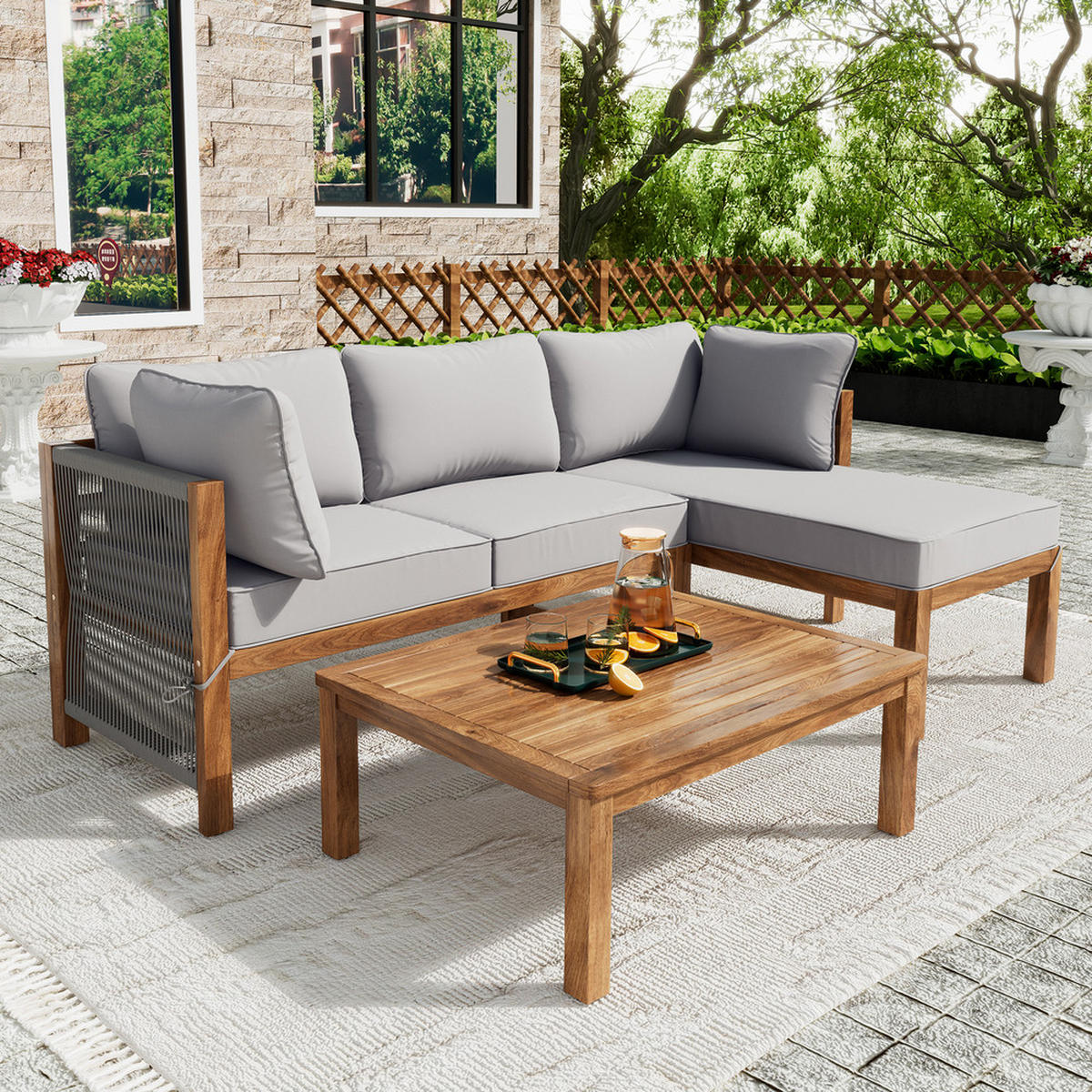 LOUNGEGARNITUR 3-teiliges Set Gartenlounge L-FÖRMIGES ECKSOFA Akazienholz Seiloptik Grau 83/58/34 cm - Grau, Holz - Rolipo