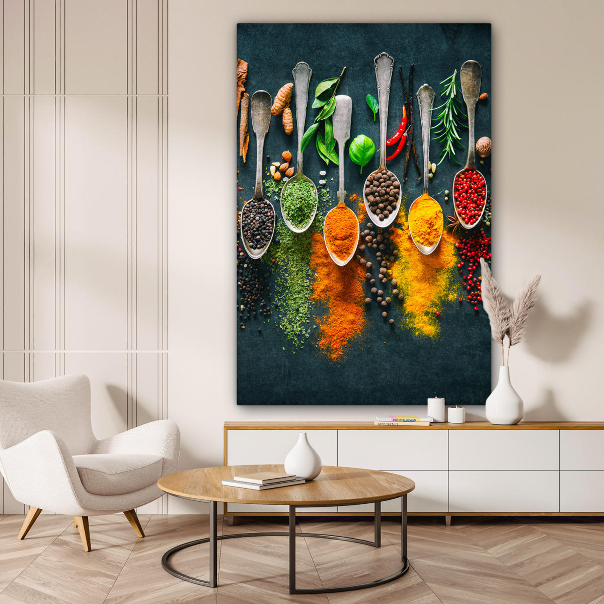 SLIKA NA PLATNU Zelišča 90x140 cm - barve karija, tekstil (90/140cm) - MuchoWow