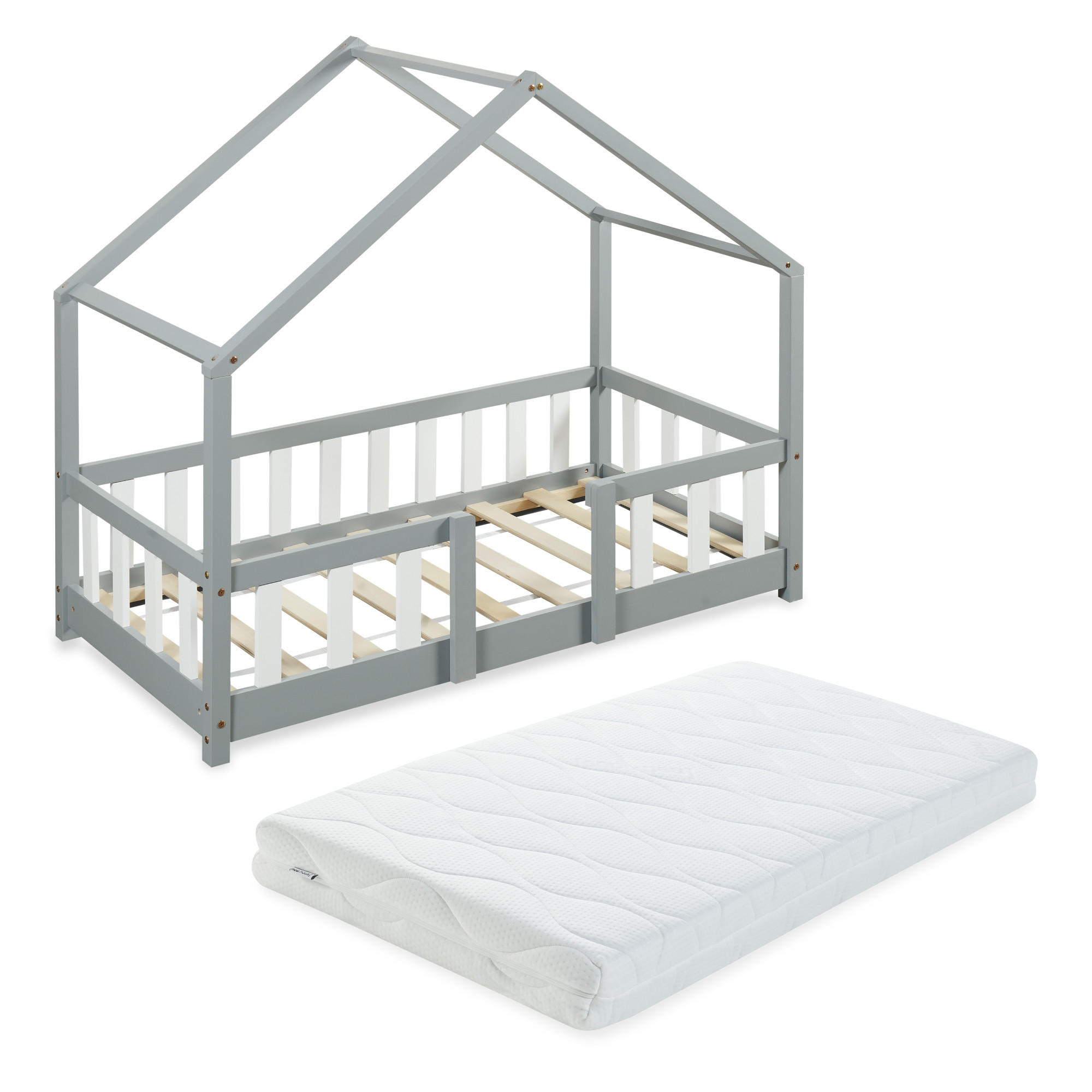 HAUSBETT Treviolo mit Matratze - Hellgrau/Weiß, Holz/Textil - [en.casa]