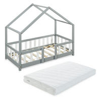 HAUSBETT Treviolo mit Matratze - Hellgrau/Weiß, Holz/Textil - [en.casa]