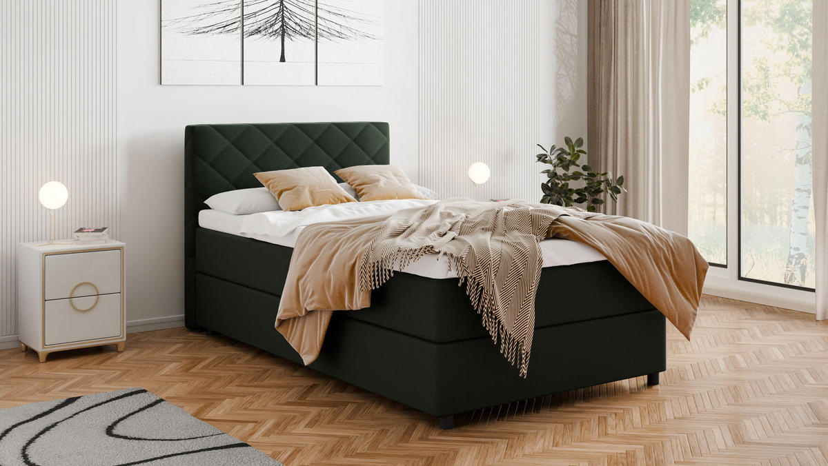 BOXBETT Diamaro 120x200 cm mit Bettkasten und Topper - Dunkelgrün - Grün, Holz (120/200cm) - Panda Möbel